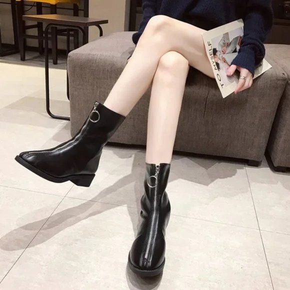 New Front Zipper Round Toe Chunky Heel All-match Mid-Cut Martin Boots - Picture 4 of 8